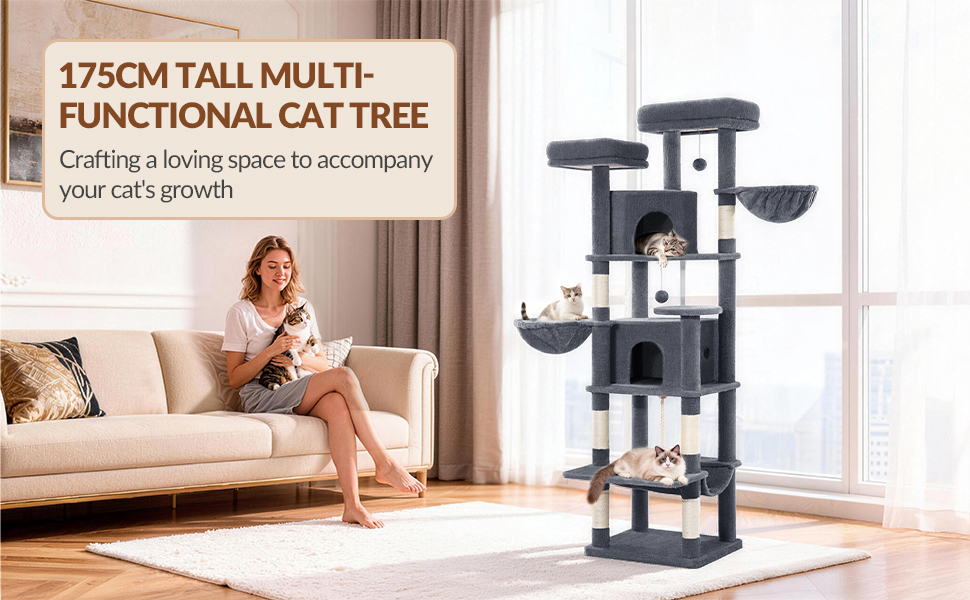 Драбина-кіготь для котів Kratzbaum Groß 216 см, XXL, стабільна з краш-стовпцями, 2 затишні будиночки, 2 платформи, 2 кошики, гамак, для дому, FPMS007FG1 (50x40x175 см, темно-сірий)