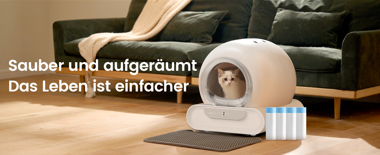 Автоматичний туалет для котів LELO PAWS, 65л, самоочисний, з контролем запаху, керування через APP, електричний, XXL, з мішком для сміття та килимком, для кількох котів, білий (блакитний)