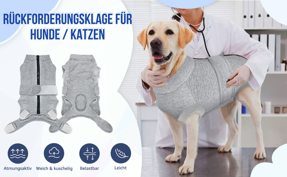 Захисний одяг для собак після операції: комбінезон з блискавкою та липучкою, анти-витікання та захист ран, дихаючий, для собак після операції (Сірий, M)