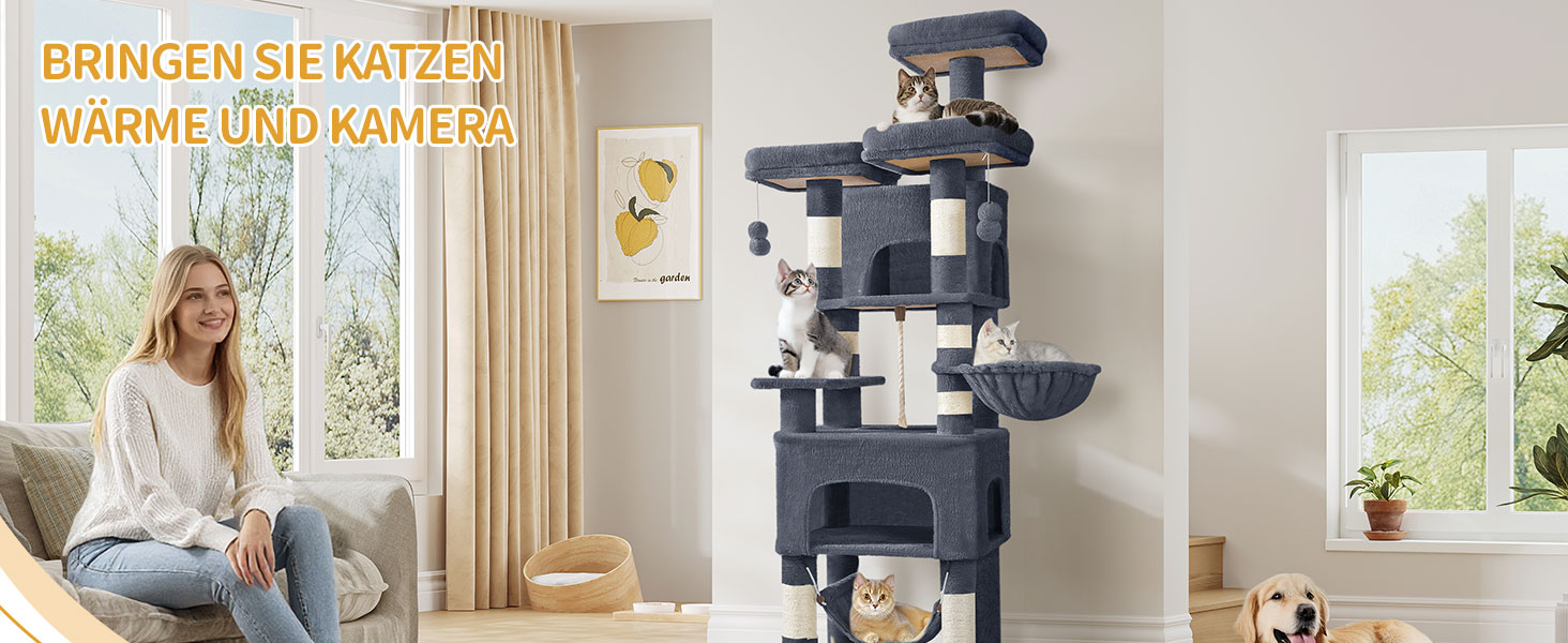Кігтеточка для котів Hzuaneri 176 см, XL, 3 платформи, 2 печери, 7 стовпчиків, гамак, плюшеві кульки, для багатокотових сімей, темно-сірий MS17618SG