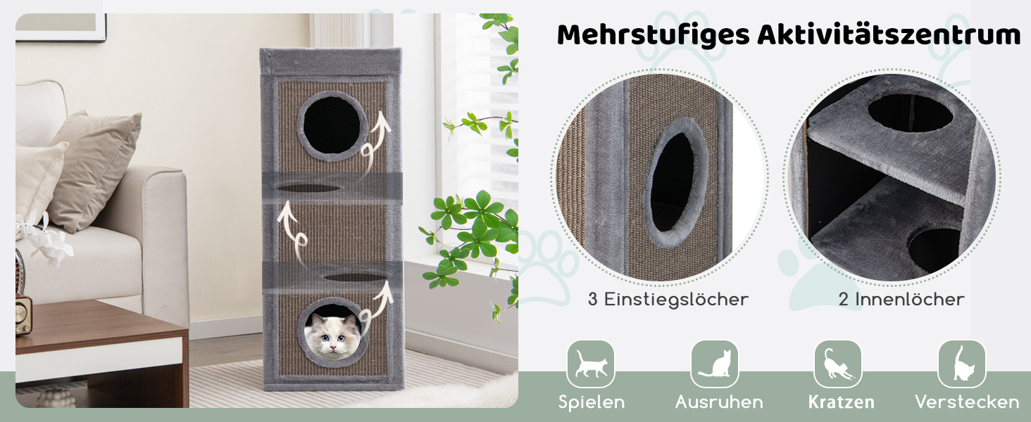 Кігтеточка-будинок Costway 4-ярусна для котів, з будиночками та ігровим майданчиком, сірого кольору, до 25 кг