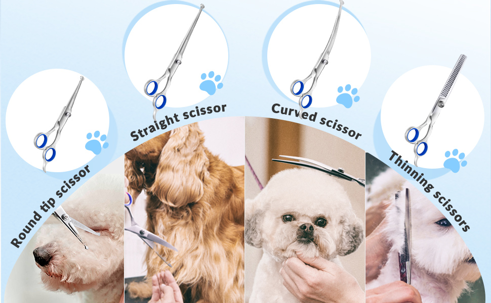 Набір професійних ножиць для грумінгу собак Gimars, 4CR, з безпечними закругленими кінцями, титанове покриття, 6-в-1 (чорний/блакитний)
