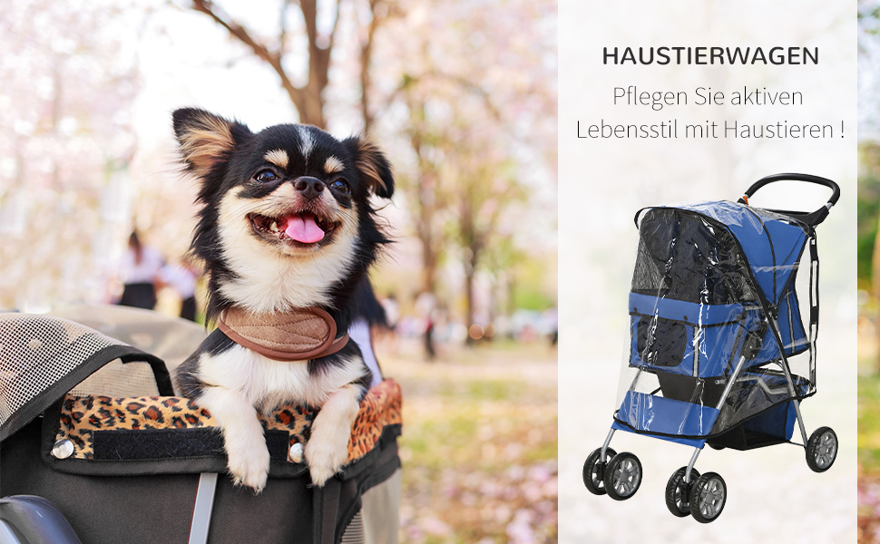 Візок для собак PawHut, блакитний, 75 x 45 x 97 см, до 10 кг, з регульованим козирком