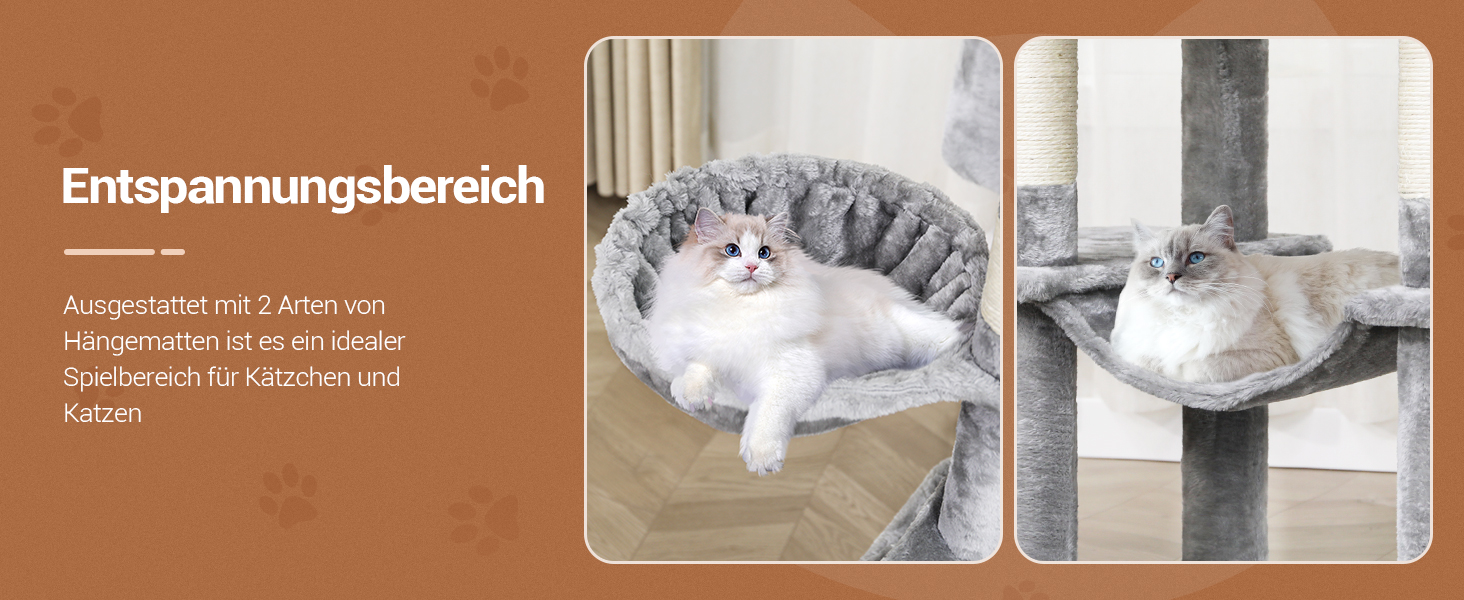 MSmask Котячий будиночок-кігтеточка великий, 180 см, з сизалевих стовпів, 2 платформи, 2 будиночки, кошик, гамак, стабільний, багатоповерховий, сірий