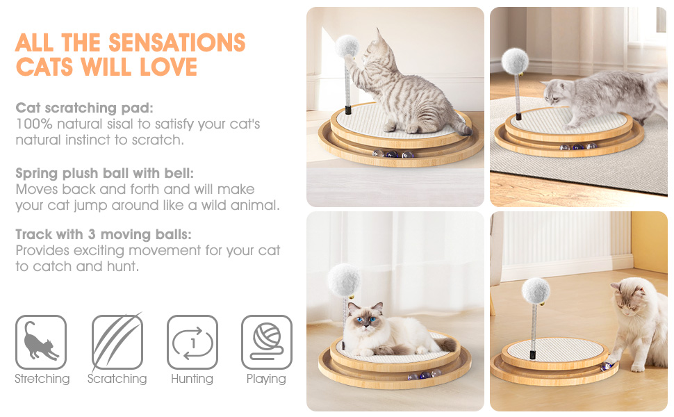Кігтеточка з сизалю для котів з дзвіночком та м'ячиком, інтерактивна іграшка-кульова дорога для фізичних та ментальних вправ