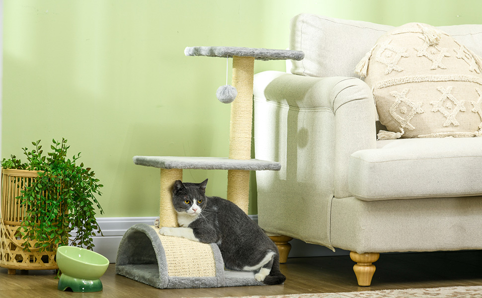 Кігтеточка PawHut для котів 72 см: багатоярусна, з м'ячиками, сизаль, платформа, дряпальня, для середніх котів, кремово-білий (світло-сірий)