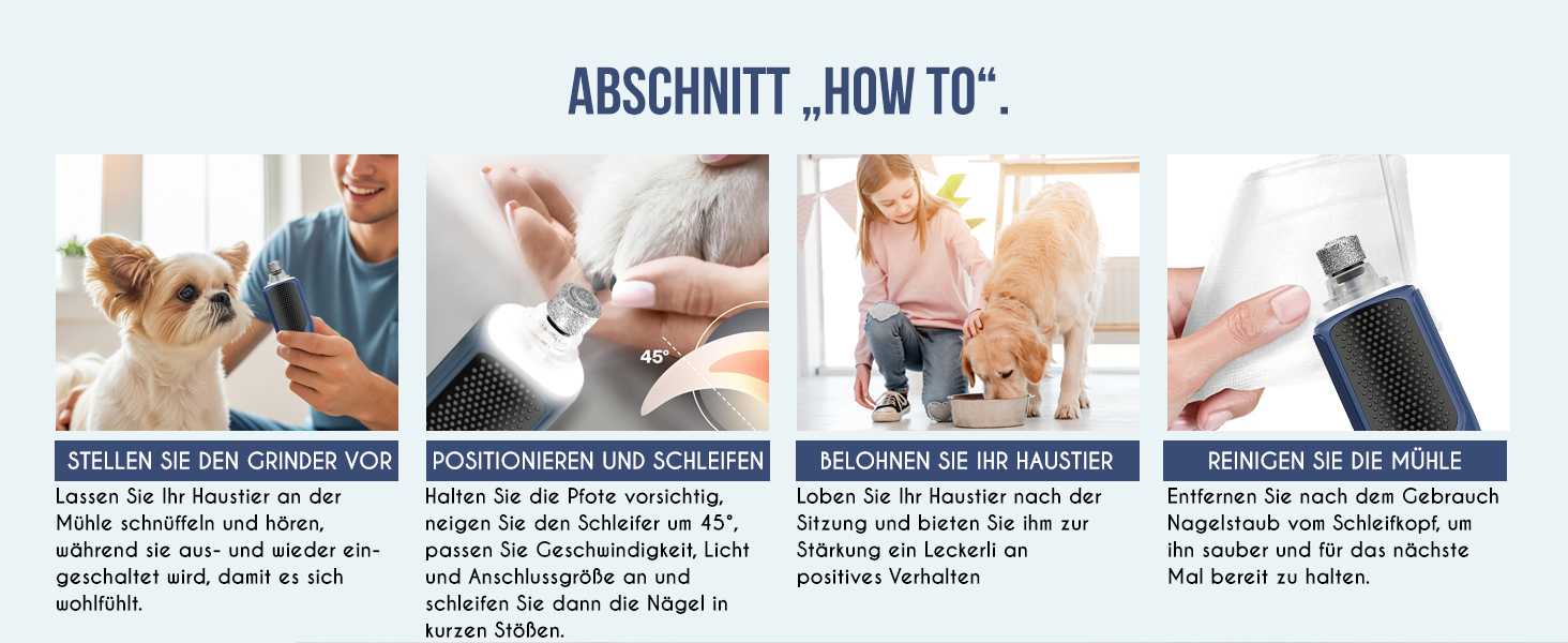 Шліфувальник для собак Candure: тиха акумуляторна машинка для догляду за кігтями з LED-підсвічуванням та змінним насадком, підходить для собак всіх розмірів (Marineblau)
