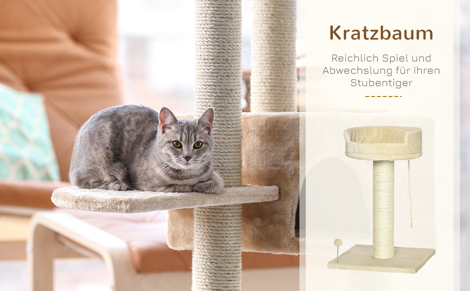 Дряпка для котів PawHut, 85 см, з ігровим м'ячем, лежанкою і площею для відпочинку, плюшева, з сизалем, для котів до 6 кг, бежевий колір
