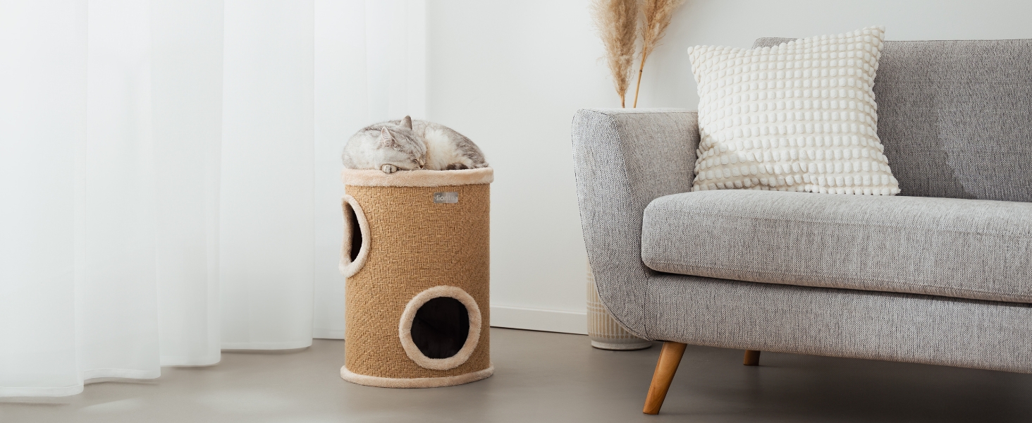 Котячий когтетоп Lionto з сизалю з іграшковим м'ячиком та плюшевим обідком, висота 50 см. Стабільний когтетоп для кошенят та дорослих котів, ідеальний догляд за кігтями та розваги, багато місць для хованнів, діаметр 36 см, висота 50 см (джут, висота 70 см)