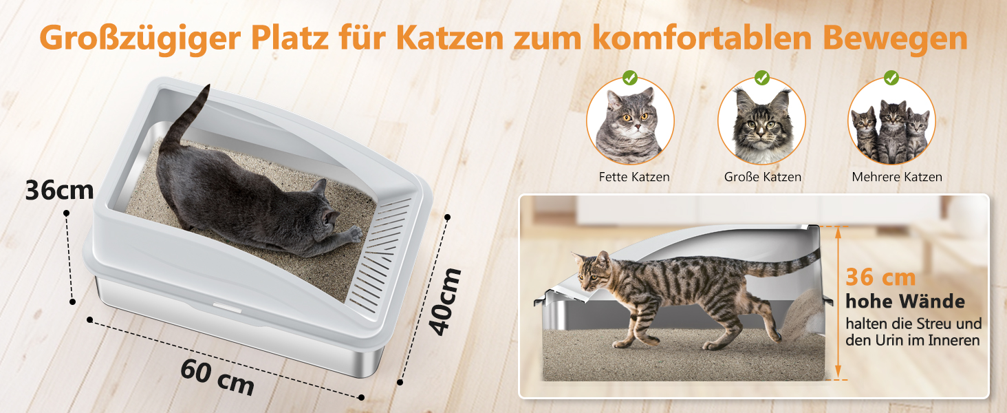 FURTIME Лоток для котів з нержавіючої сталі XXL, 42л, великий об'єм, антивитік, з металевою лопаткою, 60x40x36 см (Сріблясто-сірий)