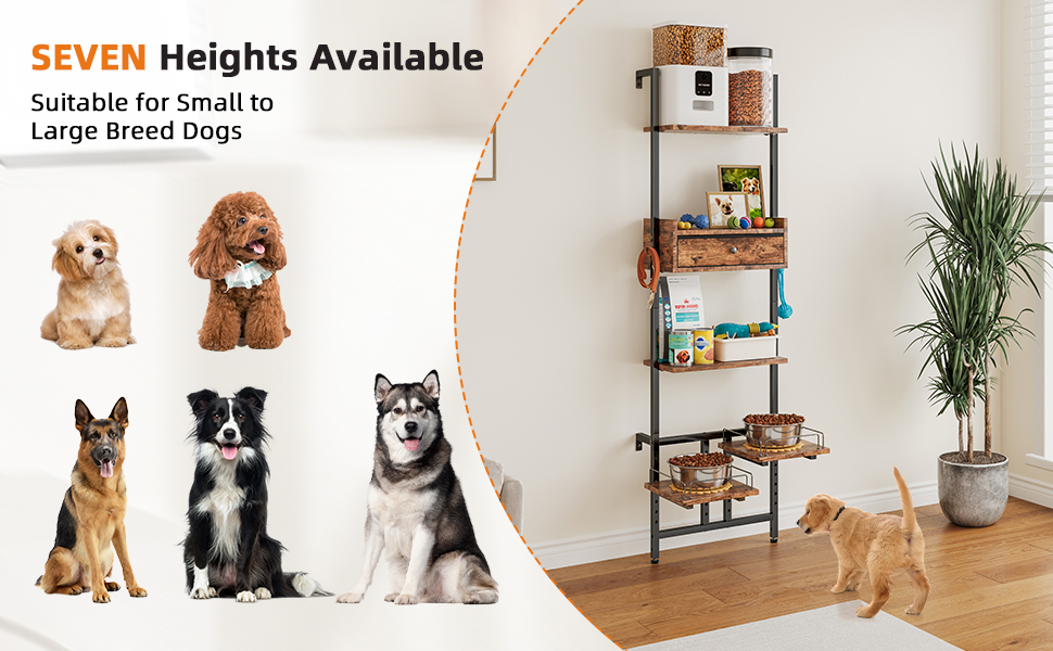 Підвищена годівниця для собак LitaiL з місцем для зберігання та двома антиковзними килимками, для великих собак, регульована висота, кріплення на стіну, колір вінтажний коричневий