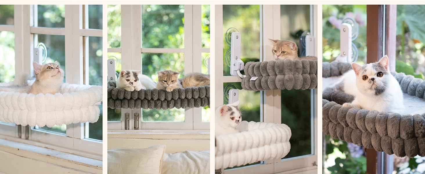 Кішка ліжко-гамак для вікна CheerPals, м'яка знімна наволочка, сталеве гніздо, до 18 кг, білий колір