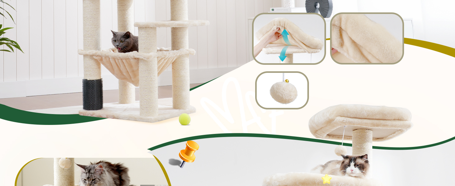 Великий котячий комплекс Hey-brother XXL для мейн-кунів, 168 см, з гамаком, сизалевими стовпами (φ11 см), кігтеточками, 2 платформами, будиночком, корзиною, бежевий EMPJ01M