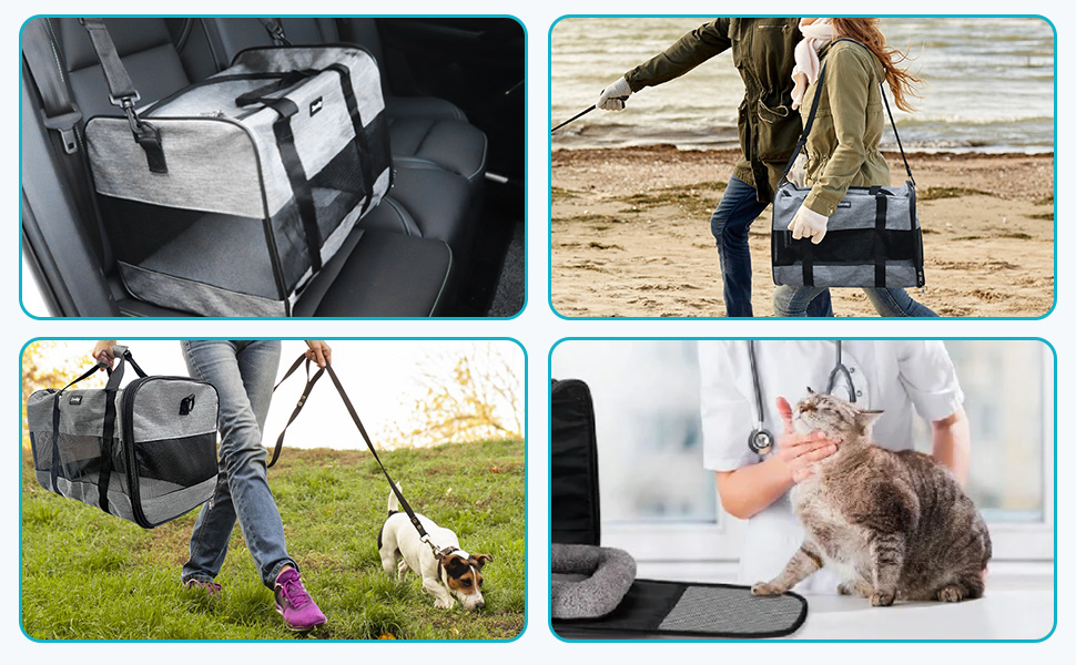 Транспортна сумка для котів та собак, дихаюча та складана, з регульованим плечовим ременем, знімний плюшевий матрац (Сірий, L)