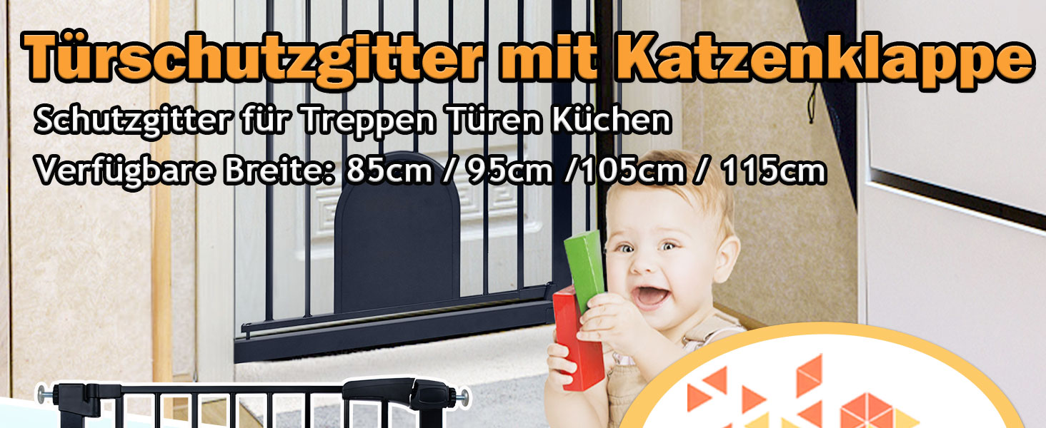 Захист для воріт SUBTLETY з дверцями для котів, автоматичне закриття, захист для сходів, захист для собак та дітей без свердління, розширюваний, чорний (75-85 см)