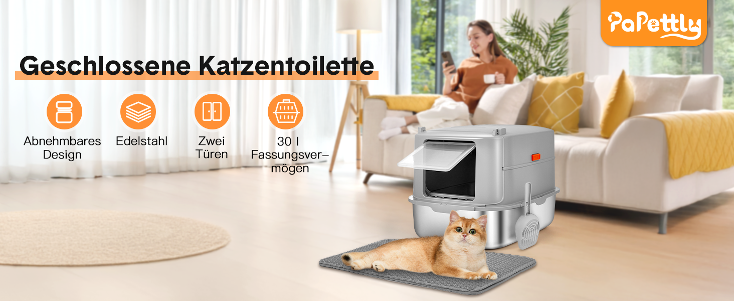 Котячий туалет Papettly з нержавіючої сталі з кришкою XXL, 30 л, високий знімний борт, килимок для туалету, легке очищення, 58x42x40 см