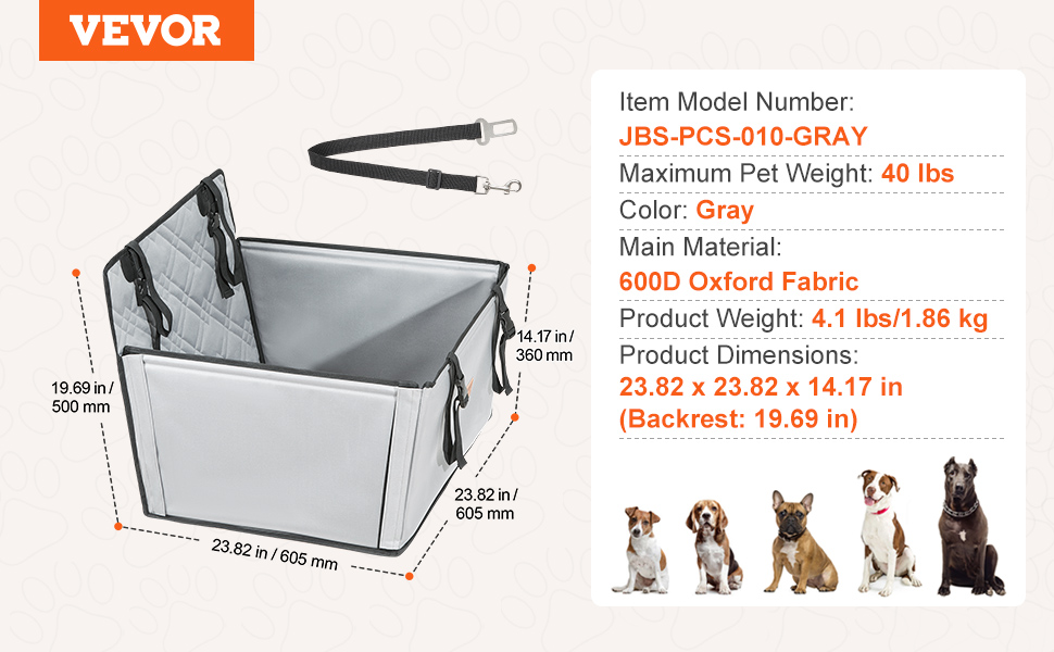 Автокрісло для собак VEVOR: водонепроникне, з підставкою, безпечне, для собак до 22 кг (Сірий)
