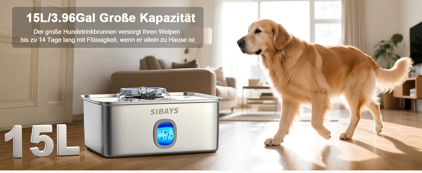 Фонтанчик для котів та собак 15L: великий, з нержавіючої сталі, з LED та вікном, для великих собак та кількох тварин