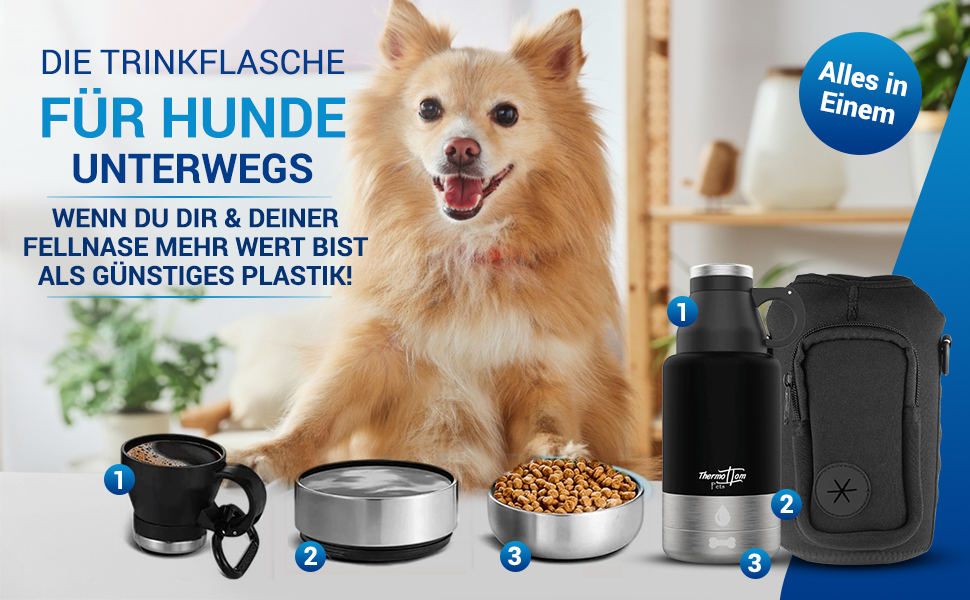 Турбунок для собак ThermoTom: пляшка для води, миска та сумка для прогулянок • 1 л, чорний