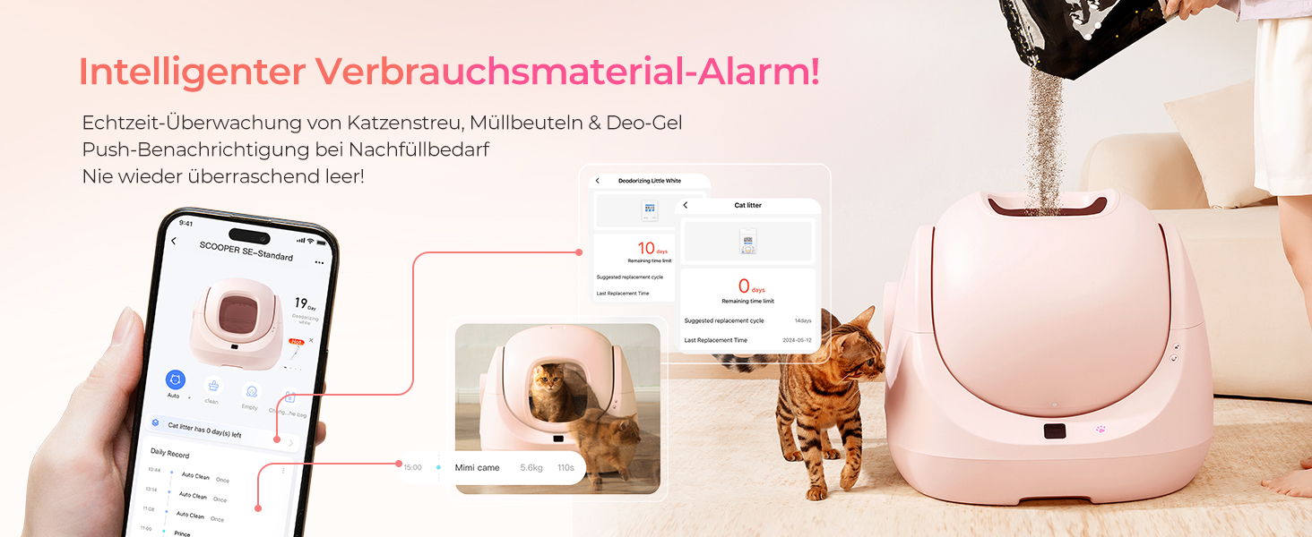 Лотки для котів CATLINK Baymax з автоочищенням, 70л, XXL, 7-рівневий захист від протікання, керування через додаток, розпізнавання кількості котів – підходить для кількох котів, білий (рожевий)