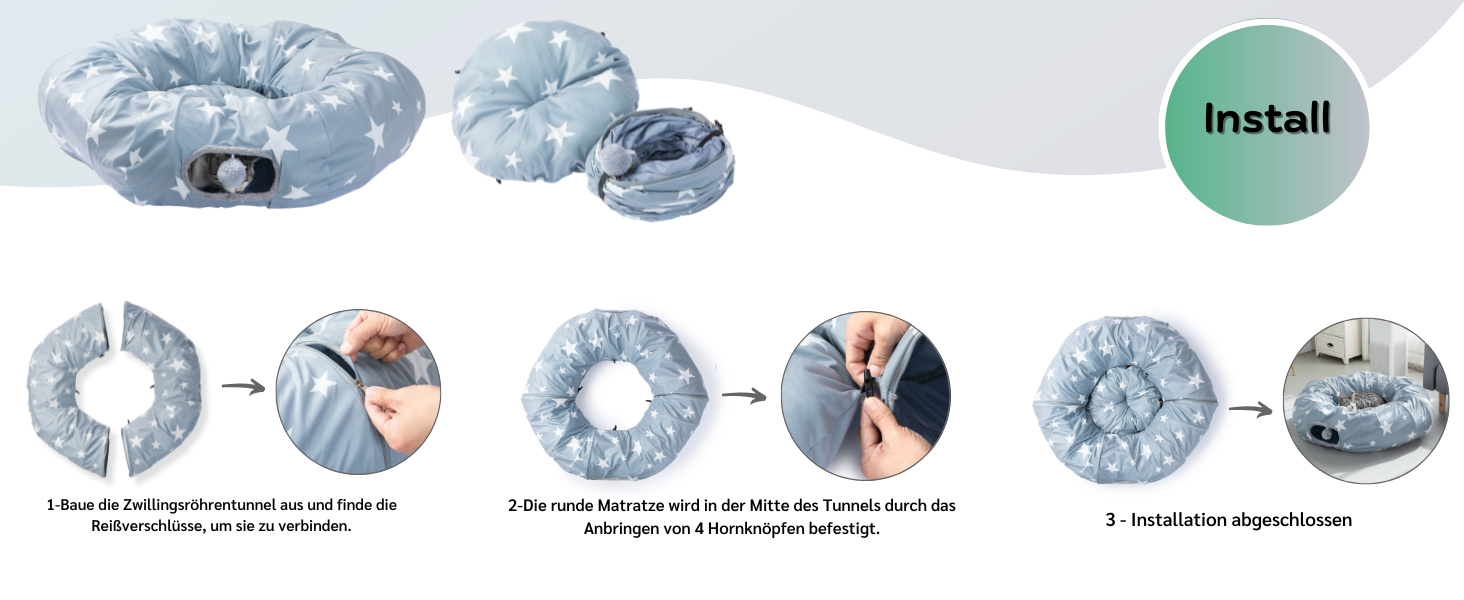 Туннель для котів JanYoo з м'яким ліжком, круглий тунель з двома входами, котяча печера, іграшка для котів, великий знімний тунель для гри в приміщенні