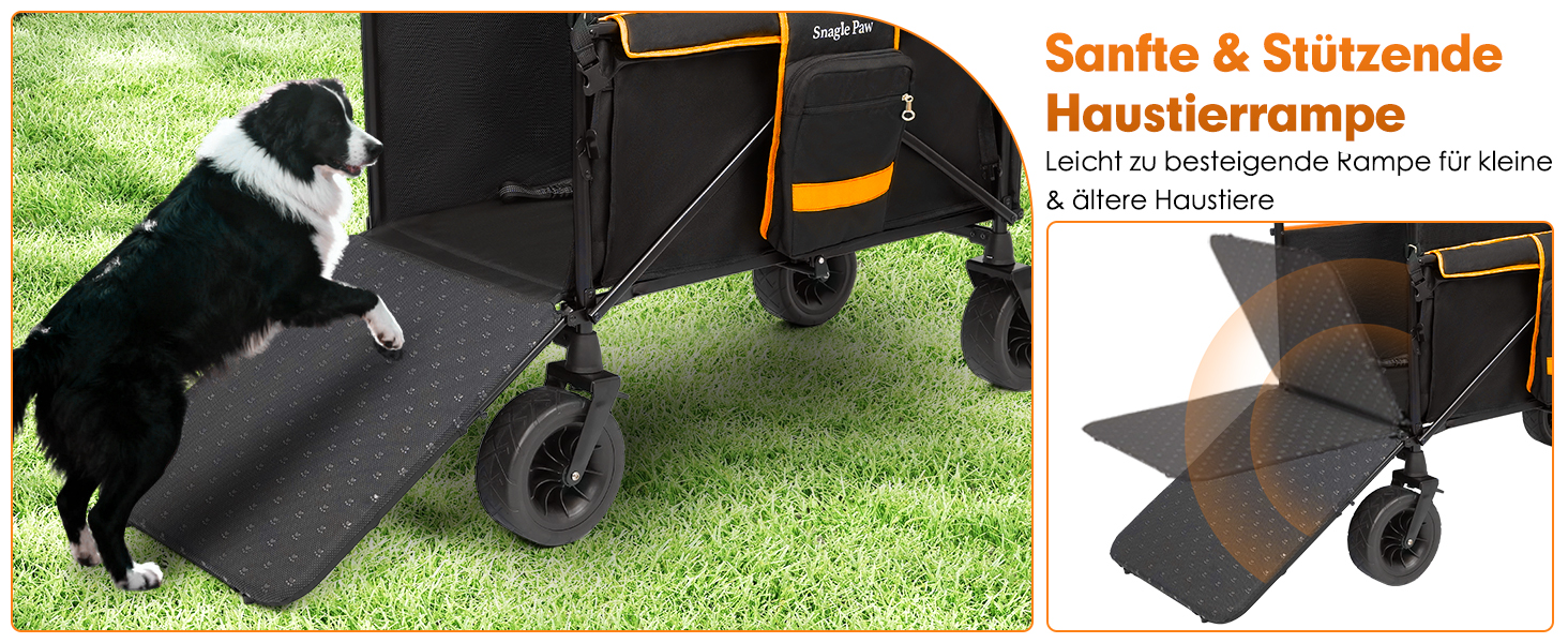 Візок для собак Snagle Paw з заднім люком та рампою, великий, складний, для великих та середніх собак, з регульованою ручкою та стоянковим гальмом, 4 колеса для прогулянок, джоггінгу, подорожей, до 90 кг, чорний/помаранчевий
