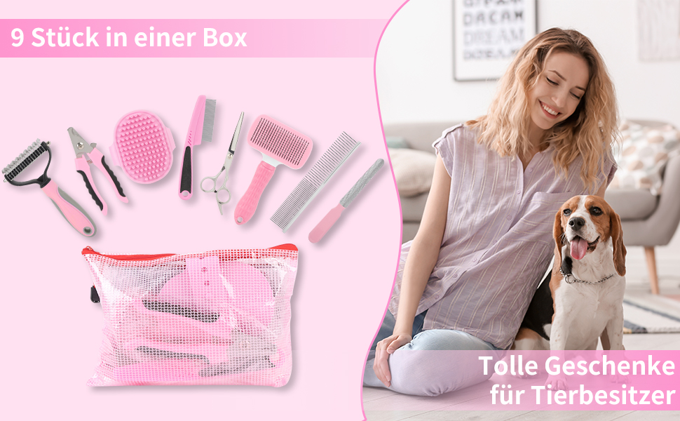 Набір для грумінгу собак та котів (9 шт.) - щітка для самостійного очищення, гребінець для видалення ковтунів, триммер для нігтів з напилком, гребінець від бліх, рукавичка для миття - професійний набір для догляду за шерстю для короткошерстих та довгошерстих тварин (рожевий)