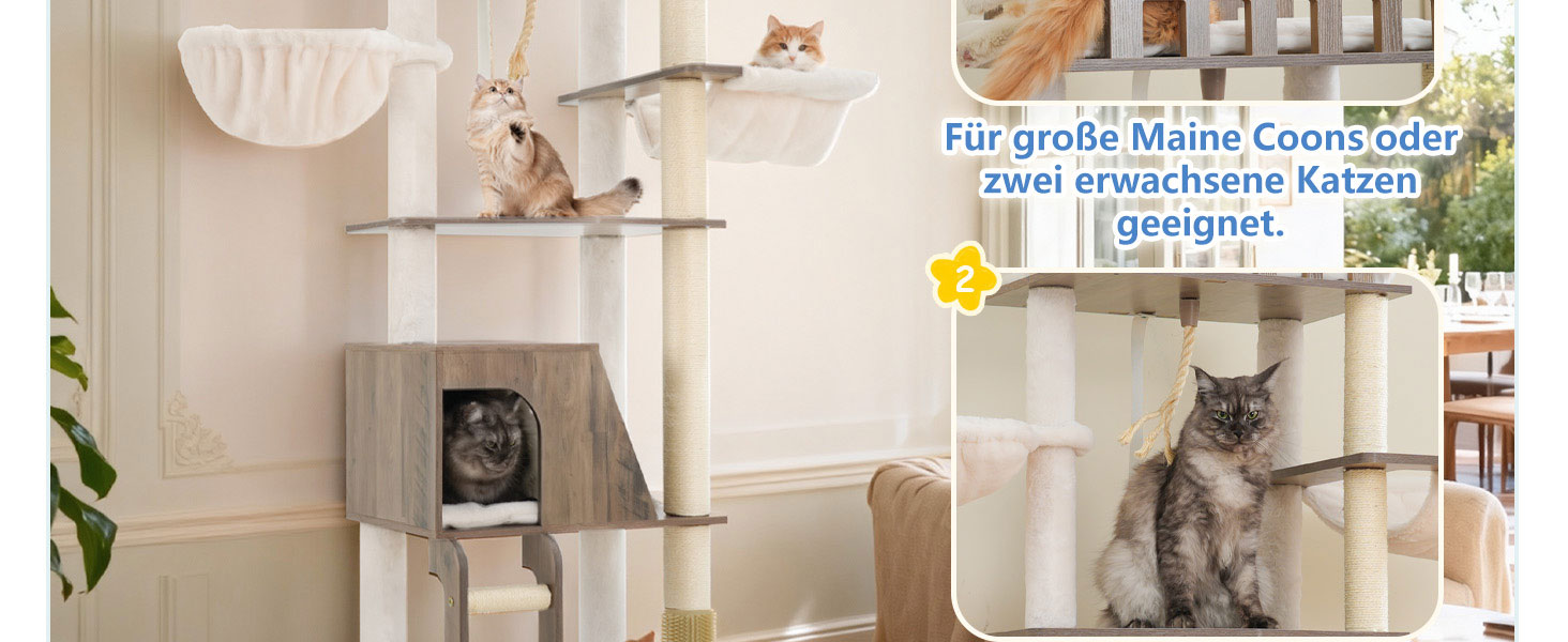 Дерев'яний кігтетопор Hey-brother Holz Kratzbaum 184см для великих котів, багатоярусний, зі стійкою платформою, кошиком, будиночком, щіткою та драбиною (Gris Vintage)