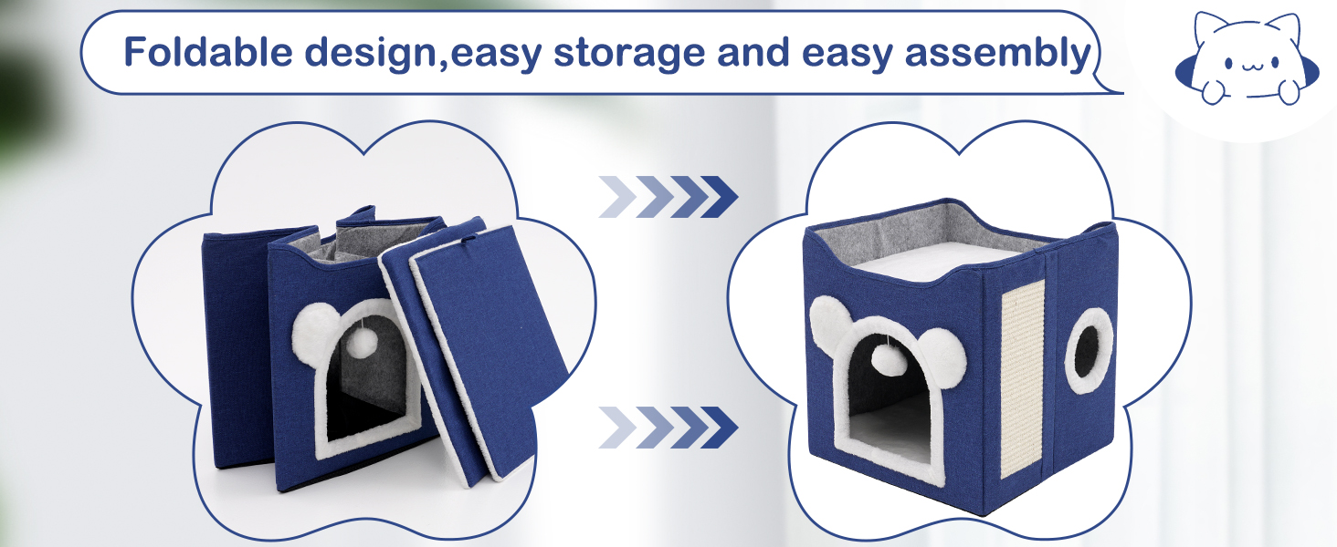 Кіт-будинок складний великий для котів та маленьких собак з когтеточкою та пухнастою кулькою, блакитний