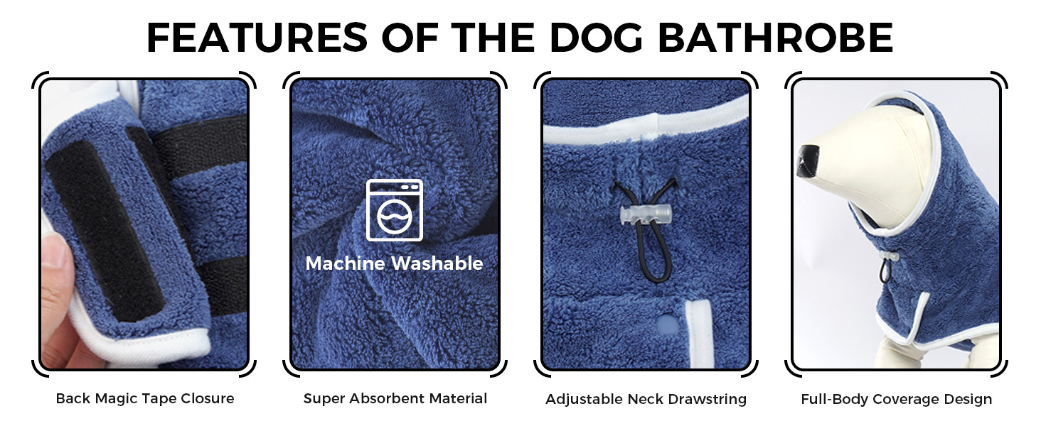 Рушник для собак, халат для собак, мікрофібра, великий, середній, малий, з клямками, блакитний