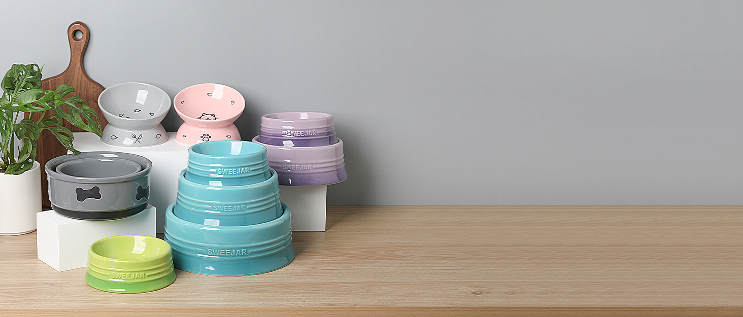 Набір мисок для котів SWEEJAR: підняті годівниця та поїлка, 2 шт (білий)