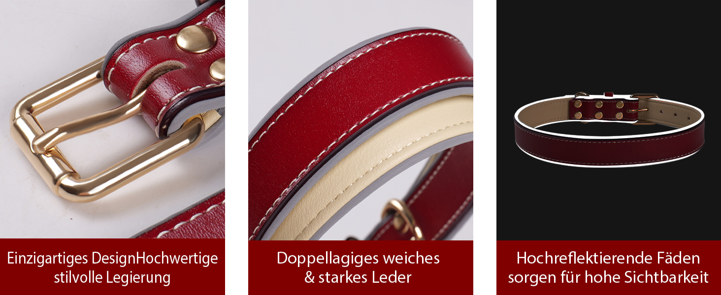 Нашийник для собак з червоної шкіри - якісний, м'який, з відбиваючими елементами та золотистою блискавкою для собак малих, середніх та великих порід