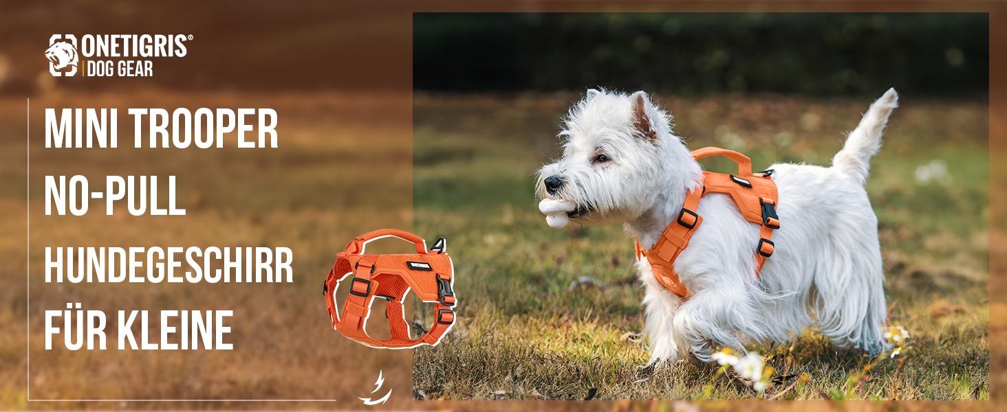 Нашийник для собак OneTigris MINI Trooper, оранжевий, XXXS, з повідком 150 см, 2 положення для буксирування