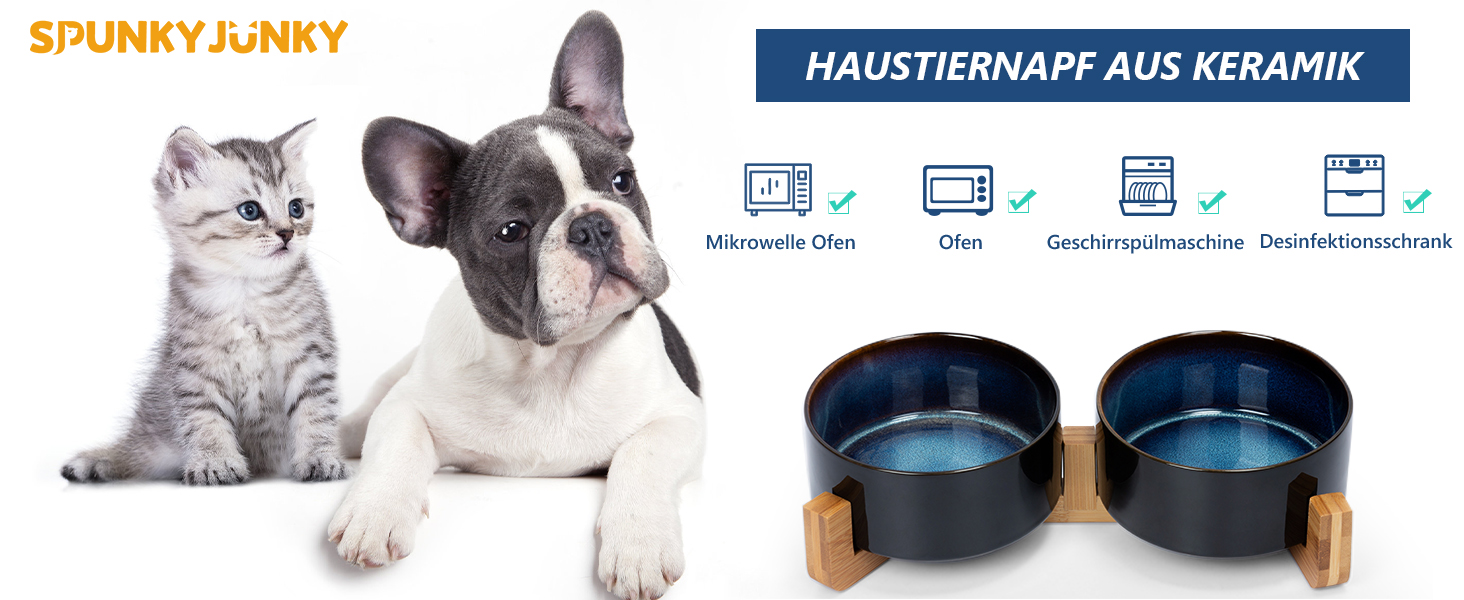 Набір мисок для собак та котів SPUNKYJUNKY з кераміки, 2 шт., 400 мл, блакитний, з підставкою з бамбука