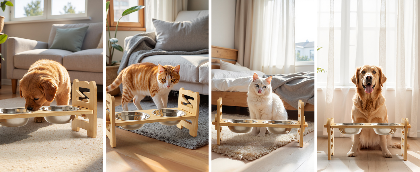 Підвищена годівниця для собак RLAVBL з бамбука, регульована, для повільного годування, з 2 нержавіючими мисками, антиковзаючі підкладки, для собак та котів