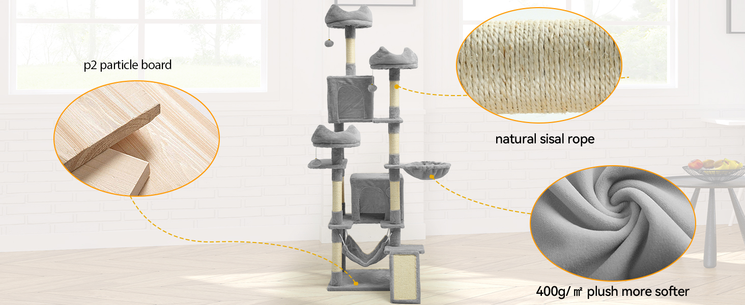 Кігтеточка YITAHOME 190 см, багатоярусна, з сизалю, з пандусом, плюшеві стійки, гамак, просторі будиночки, центр активності для кошенят (сірий)