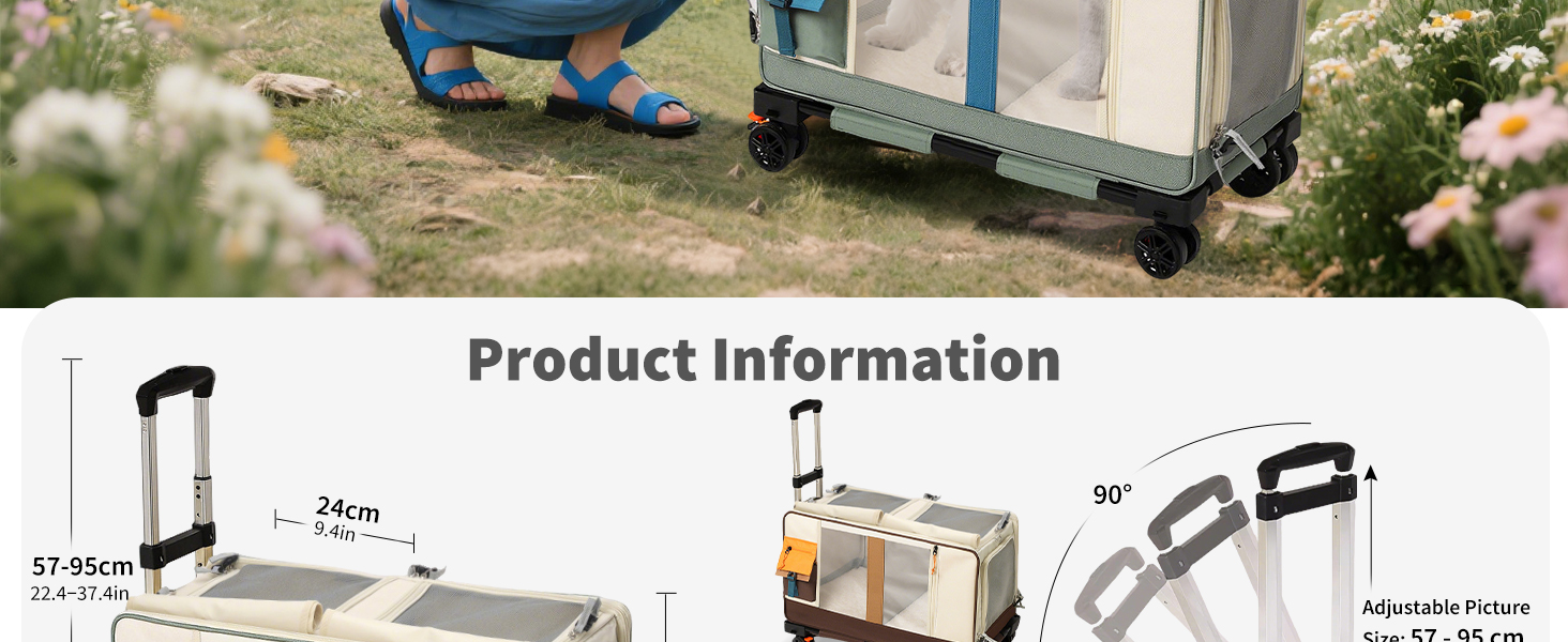 PETCUTE Транспортна сумка для тварин на 2 котів/собак з 2 відділеннями та знімними колесами, дихаюча, для подорожей, прогулянок, кемпінгу, бежево-коричнева