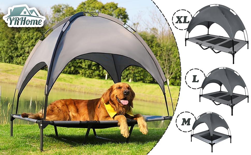 Підвищене собаче ліжко з дахом, сонцезахист, ліжко для домашніх тварин з балдахіном, лежанка для собак на вулицю, собаче софа з неслизькими підкладками, водонепроникний дах та дихаюча сітка, розмір 92x76x92 см