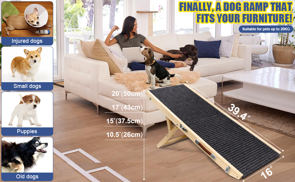 Дерев'яна рамка для домашніх тварин, регульована | Складана сходинка для собак з антиковзким килимком | 4 висоти | портативна та легка для маленьких та середніх тварин | ідеально підходить для ліжок, диванів та автомобілів