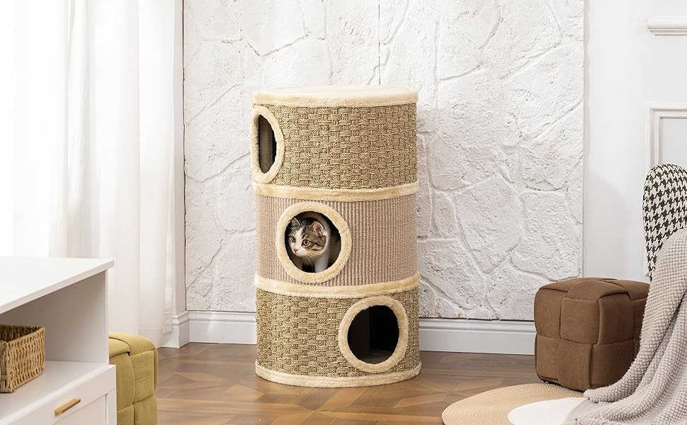 Кігтеточка PawHut для котів, 79 см, 3 яруси, з сизалевим мотузком, плюшева котяча печера, кігтешкребок для великих котів, бежево-коричневий, 45L x 45B x 79H см, з внутрішнім отвором
