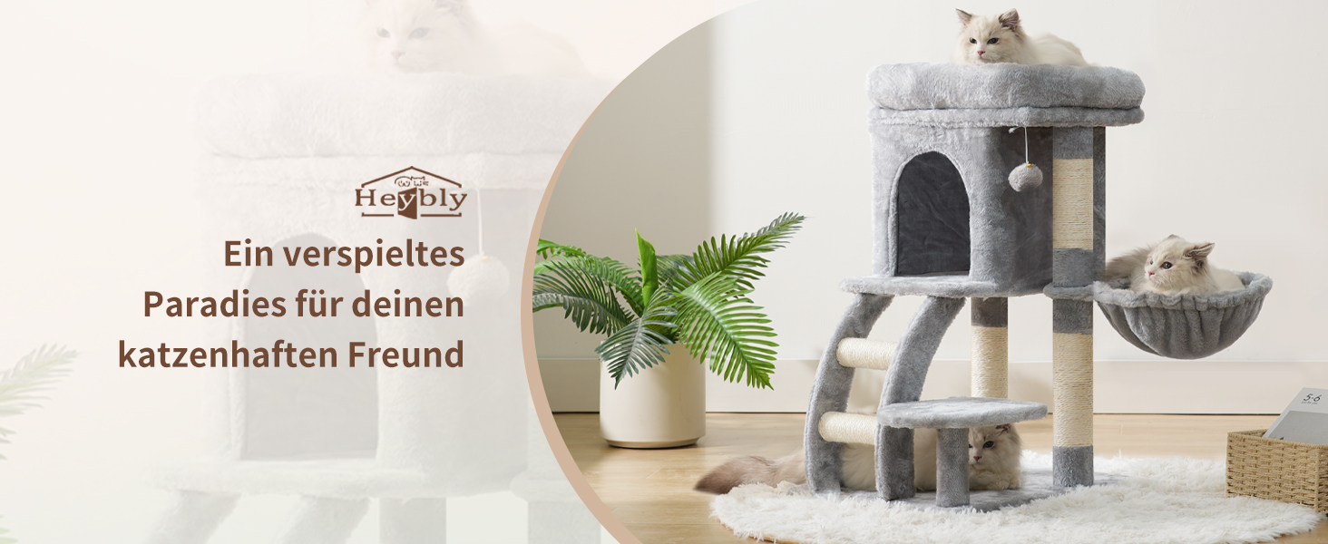 Кігтеточка Heybly Kratzbaum 75 см: кігтеточка-вежа з платформою, будиночком, гамаком, драбиною та іграшками для котів, сірий колір, HCT009SM