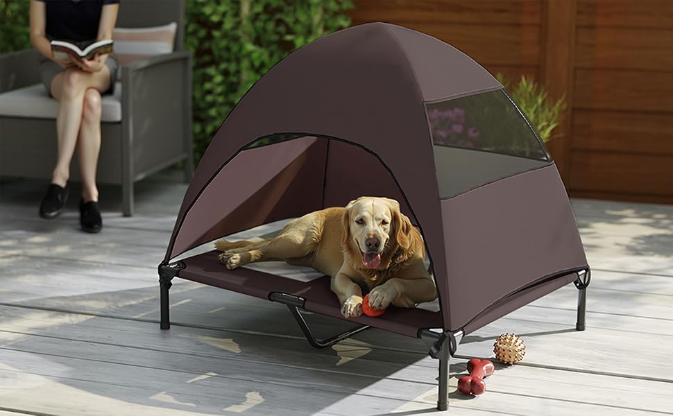 Лежанка для собак PawHut Outdoor з дахом, підняте ліжко для середніх собак, ліжко для домашніх тварин з охолоджуючим ефектом та знімним м'яким матрацом, сталевий каркас, переносна сумка, для вулиці та кемпінгу, 76x61x71 см, колір кавовий