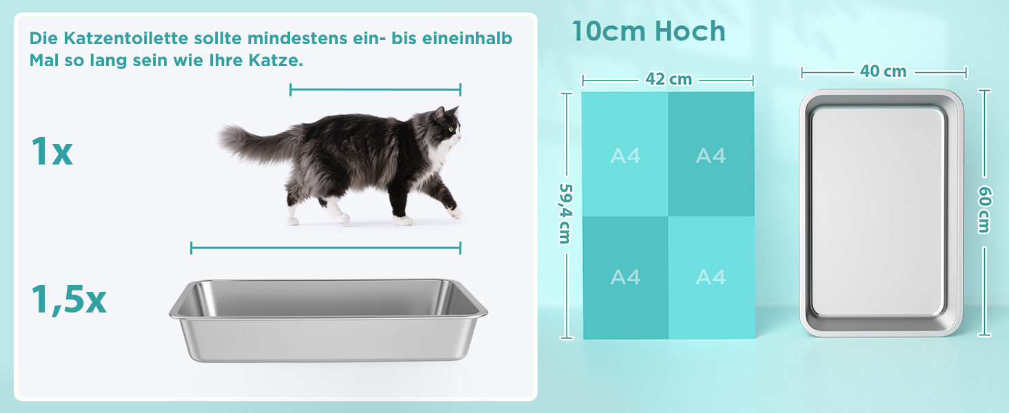 IKITCHEN Великий лоток для котів з нержавіючої сталі (50x35x20 см), туалет для котів та кроликів, без запаху, без плям, антикорозійний, з гладкою поверхнею та антиковзким гумовим дном