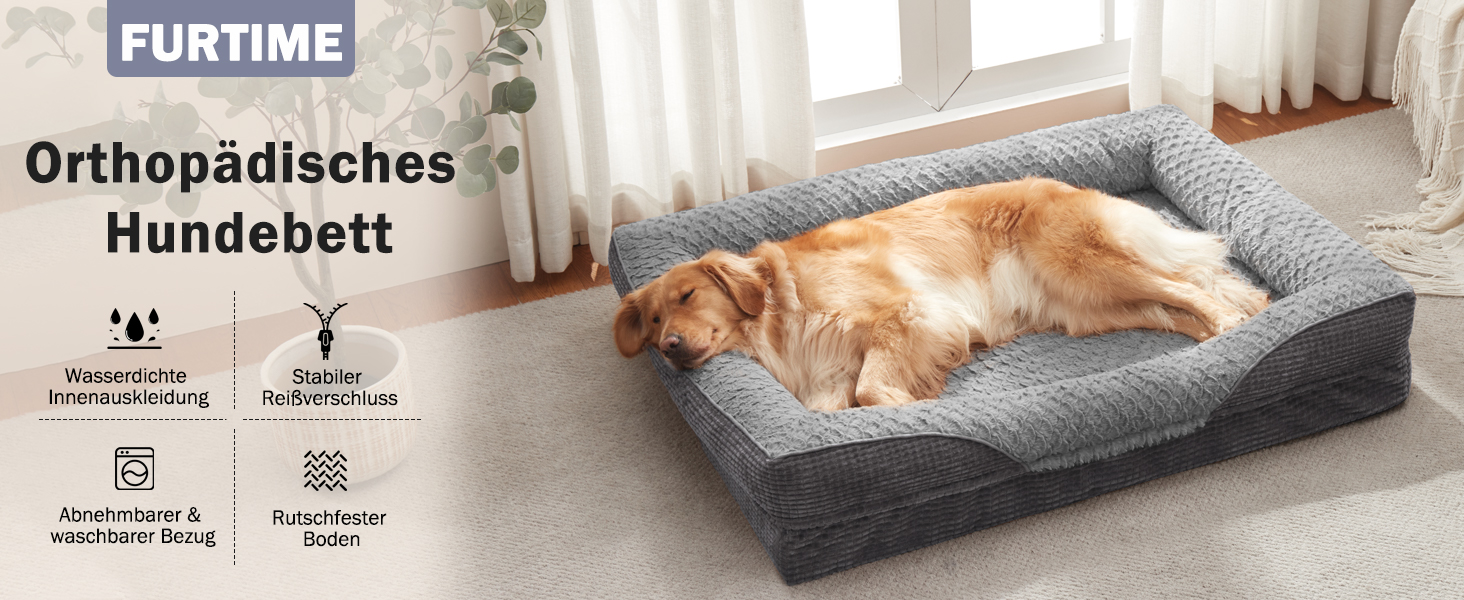 Ортопедичне ліжко для собак середніх та великих порід FURTIME, 89x64x18 см, сірий колір. Знімний та миючий кошик для собак з Memory Foam, з високим бортиком та антиковзким покриттям.