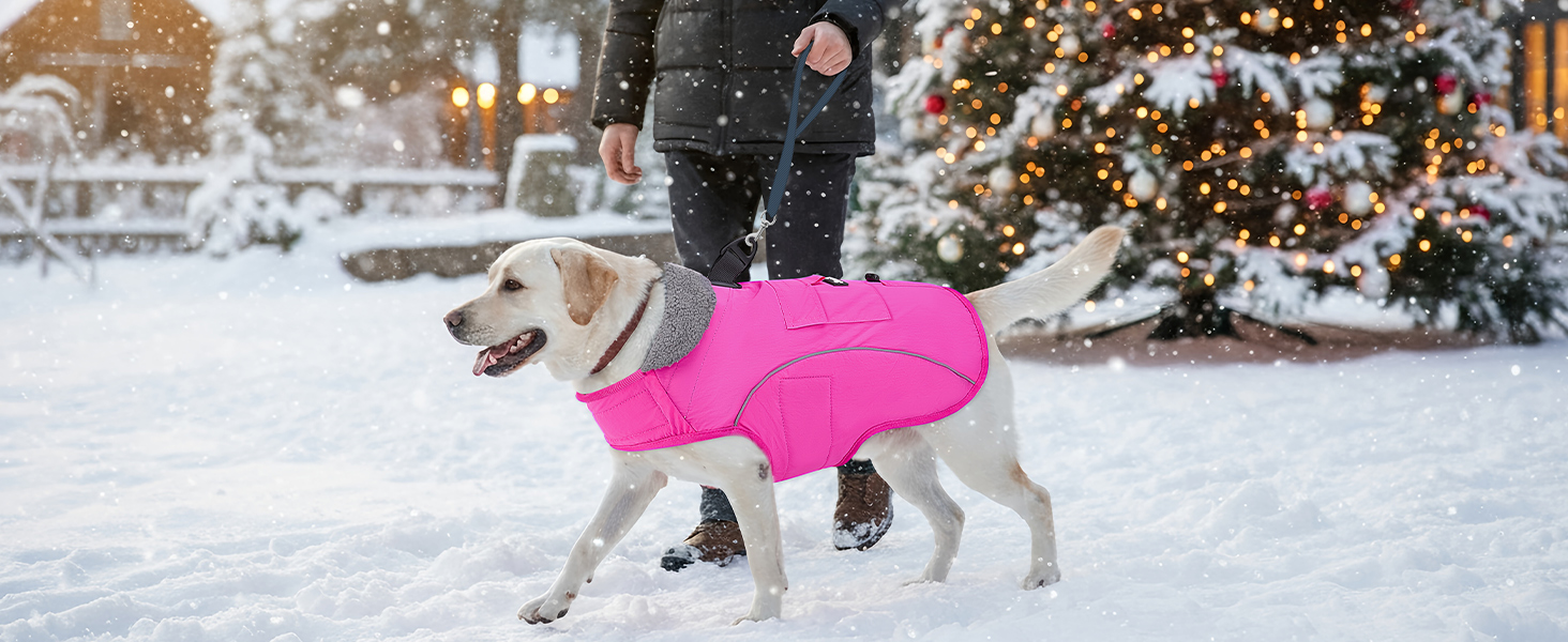 Теплий зимовий одяг для собак Nasjac - куртка з флісовою підкладкою, світловідбиваючими смугами та кишенями, водонепроникна захисна жилетка для собак середніх та великих порід, колір фуксія, розмір L
