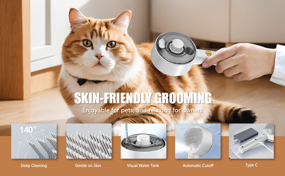 Двостороння щітка для котів з парою 4-в-1: масаж, догляд та видалення шерсті. Біла щітка з парогенератором для котів