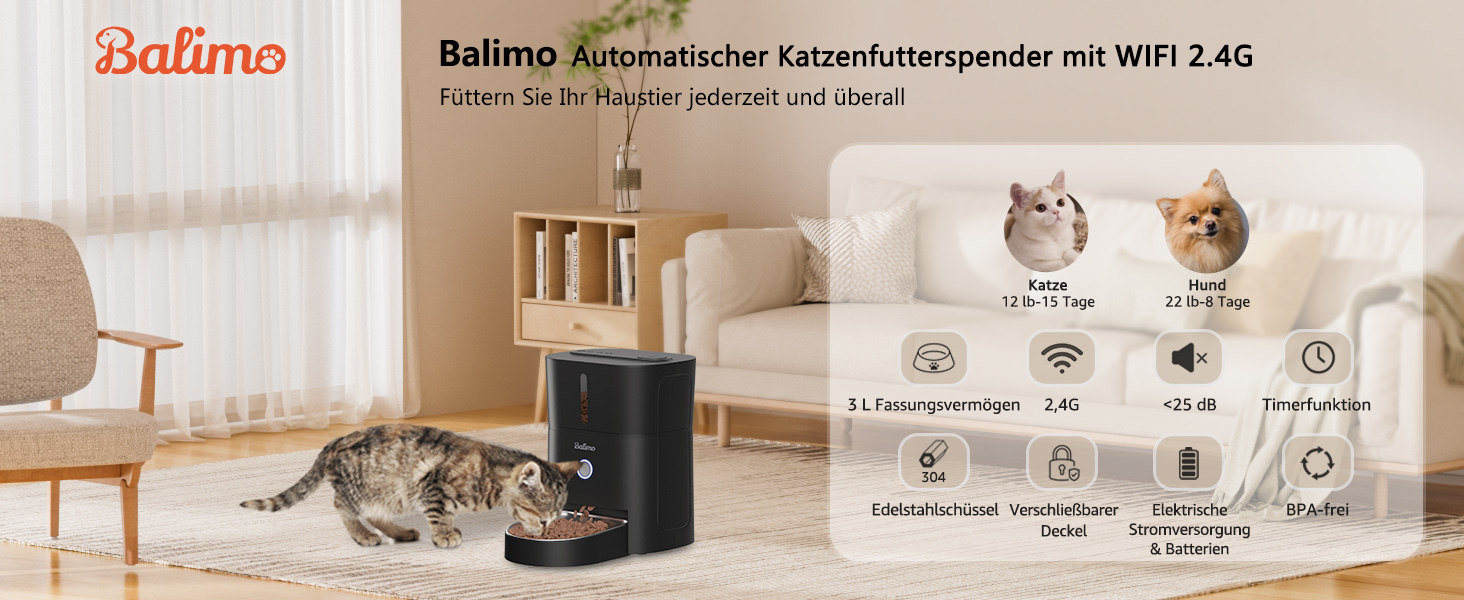 Автомат годування котів Balimo 3L з Wi-Fi, інтелектуальний диспенсер для котів/собак, з підсвічуванням та мискою з нержавіючої сталі 304, керування через додаток, 1-10 прийомів їжі на день, білий/чорний