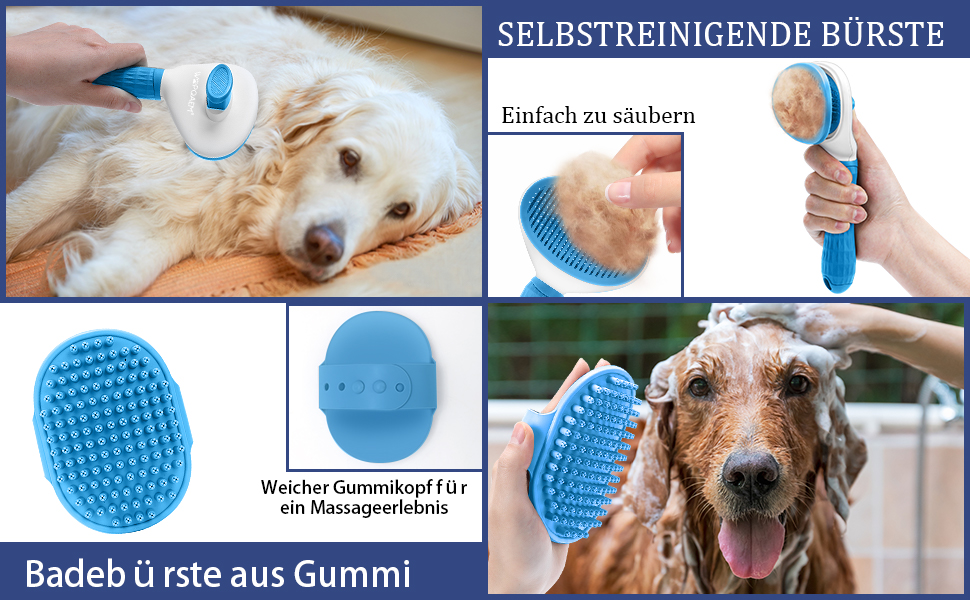 Набір щіток для собак, 5 шт., для грумінгу, самоочищувані, для великих та середніх собак, котів та дрібних тварин, для довгої та короткої шерсті, зменшує випадання шерсті, блакитний