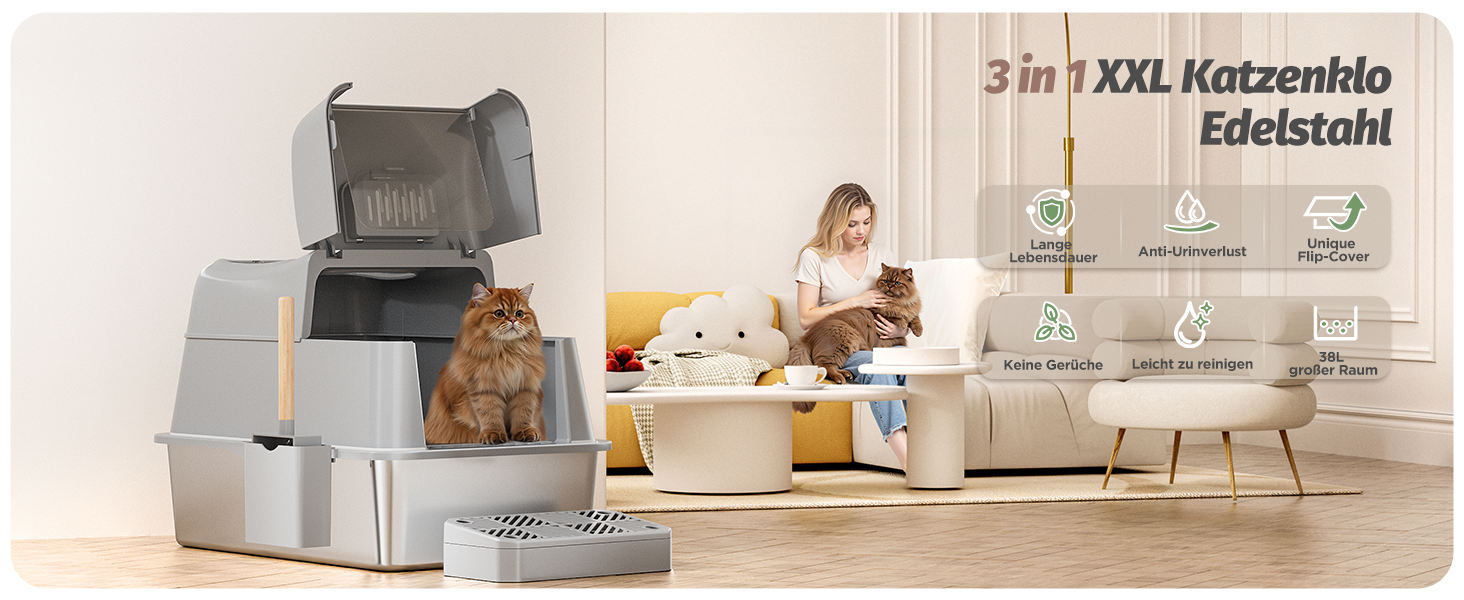 XXL Лоток для котів зі сталі з кришкою, 110° поворотна кришка, закритий лоток для котів, великий об'єм 40л з совочком та педальним механізмом, без запаху, захист від протікання та легке очищення, 60х42х44 см