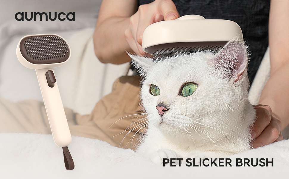 Щітка для котів Aumuca з кнопкою випуску шерсті, довговічна, для короткої та довгої шерсті, видаляє відмерле волосся та масажує (коричнева)